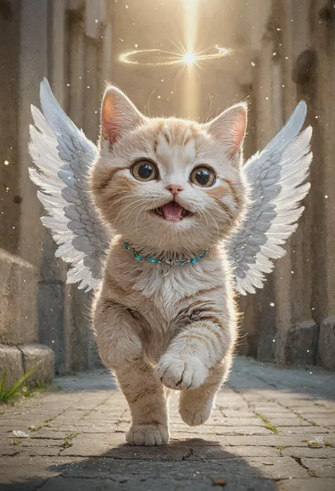 close up of a cute cat with little angel wings ascending to heaven, walking toward the camera all happy, CGI, chibi style, levitating