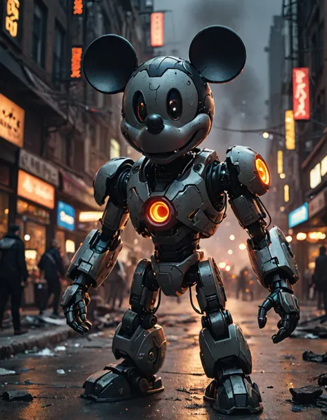 mickey mouse, ((cyborg)), raw, bokeh, torso shot, night, neon lights, battle damaged, machine,futuristic,concept Art by senior character Artist,featured on zbrush central,trending on polycount,trending on ArtStation,CGSociety,hard surface modeling, on a downtown street, rubble, explosions, smoke