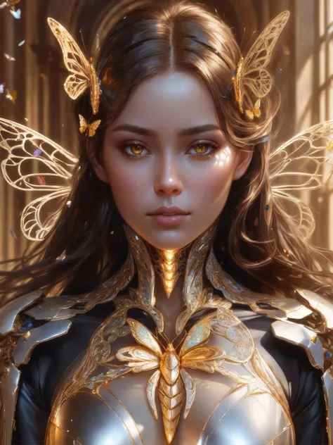 photo, 8k portrait of beautiful cyborg with brown hair, intricate, elegant, highly detailed, majestic, digital photography, art by artgerm and ruan jia and greg rutkowski surreal painting gold butterfly filigree, broken glass, (masterpiece, sidelighting, finely detailed beautiful eyes: 1.2), hdr, realistic, high definition