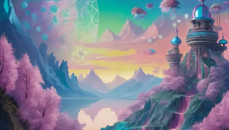 a dream of mountaisn in the spring, iridescent, reflective, intricate, dreamlike, dreampunk, style of Hannah Yata