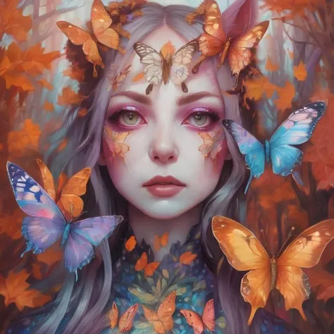 surreal psychedelic painting, a beautiful catgirl in an autumn dream of butterflies, almond eyes, iridescent, reflective, intricate, dreamlike, dreampunk, style of Hannah Yata