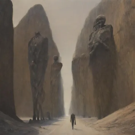 <lora:b3ks1n:1>b3ks1n h41wy man walks down canyon with monolithic skeletal figures looming over him on both sides