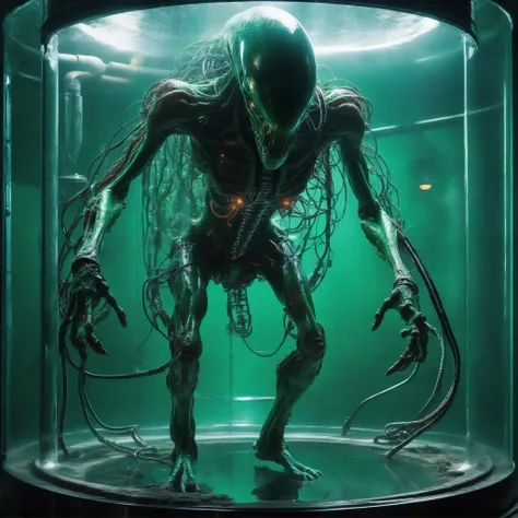 photographic,(a slimy alien humanoid creature,full body, locked up, immersed inside a biotech scifi cylindrical  greenish water filled tank:1.3), secret experience lab, suspended foreign lifeform, wires, tubing, tropical, colorfull, dark vibes, highest detailed,cinematic light,  bubble, barefoot, air bubble, anklet,machine made joints,blood vessels connected to tubes,mechanical vertebra attaching to back,mechanical cervial attaching to neck,expressionless,wires and cables attaching to neck,wires and cables on head,character focus,science fiction, highest detailed
