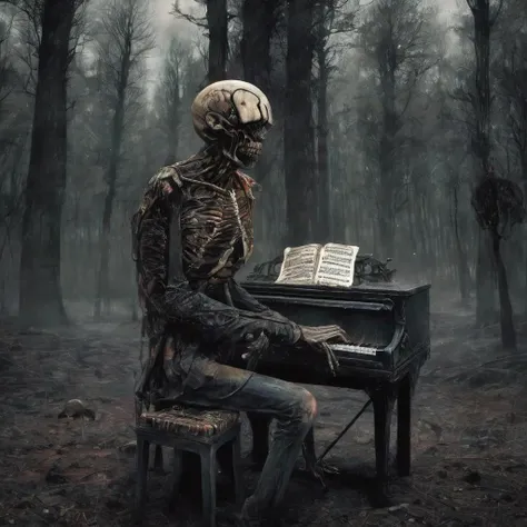 <lora:b3ks1n:1>b3ks1n soldier with face melted off playing a piano made out of bones for the dead in a dark forest