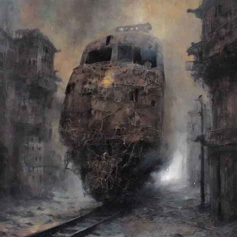 <lora:b3ks1n:1>b3ks1n evaporating, vanishing, breaking apart and floating away, crumbling into pieces, disintegrating, body turned into a train