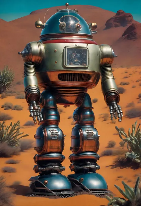 cinamtic,photographic, robby the robot from forbidden planet(1956), biped, vintage scifi, highres, extremely detailed, highly detailed, intricate details, colorfull, planet background