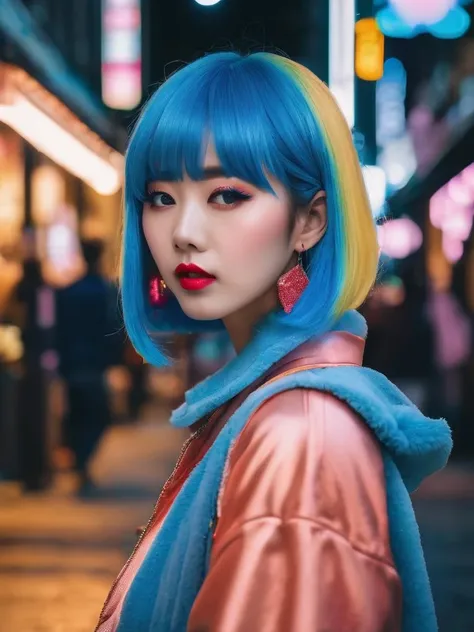 a woman in blue wig is standing in sidestreets at night,in the style of kawaii aesthetic,helios 44-2 58mm f/2,asian-inspired,soft yet vibrant,, best quality, masterpiece, highres, absurdres, incredibly absurdres, huge filesize, wallpaper, colorful,8K,RAW photo