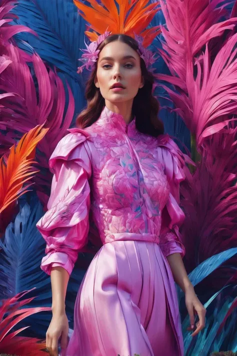 a colorful,animated girl with pink and blue grass,in the style of over,high contrast,tropical baroque,bio-art,light violet,cornelia parker,uhd image,botanical impressions,, best quality, masterpiece, highres, absurdres, incredibly absurdres, huge filesize, wallpaper, colorful,8K,RAW photo