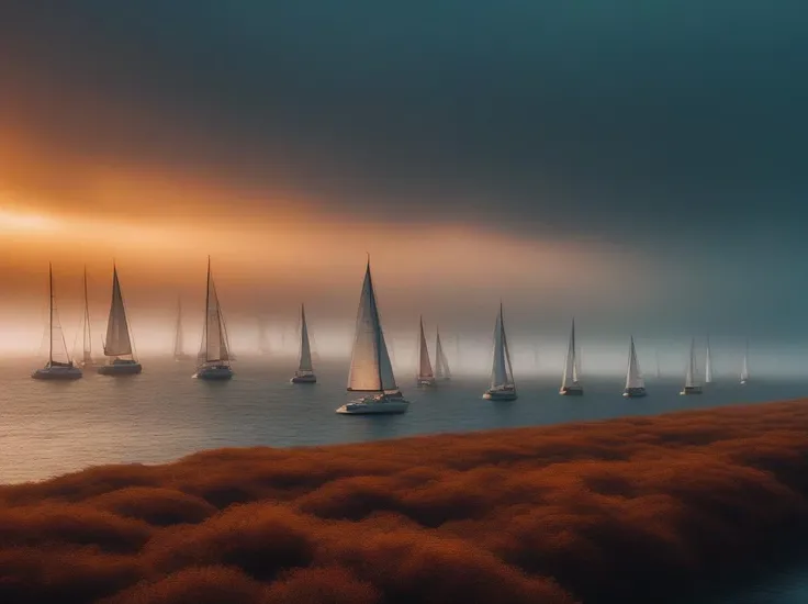 Sailboats, in the style of dark orange and light amber, experimental cinematography, dystopian realism, made of mist, expansive skies, transavanguardia, movie still, best quality, masterpiece, highres, absurdres, incredibly absurdres, huge filesize, wallpaper, colorful,8K,RAW photo