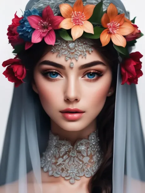 gray  girl,with a veil and flowers on her head,light background,medium shot,high quality photo,, best quality, masterpiece, highres, absurdres, incredibly absurdres, huge filesize, wallpaper, colorful,8K,RAW photo