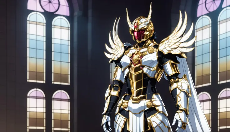 <lora:RoboXLv2:1.3> (scifi),
divine robot long_dark_hair (legs),
golden (armor) white_gown black_pauldrons (rocket_boots) (feet), helmet
(saint_seiya_manga, ink_shading, lineart),
(angel_wings),
standing, ((full_body)),
(high_detail), (sharp),
background church stained_glass window cross