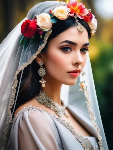 gray girl,with a veil and flowers on her head,light background,medium shot,high quality photo,, best quality, masterpiece, highres, absurdres, incredibly absurdres, huge filesize, wallpaper, colorful,8K,RAW photo