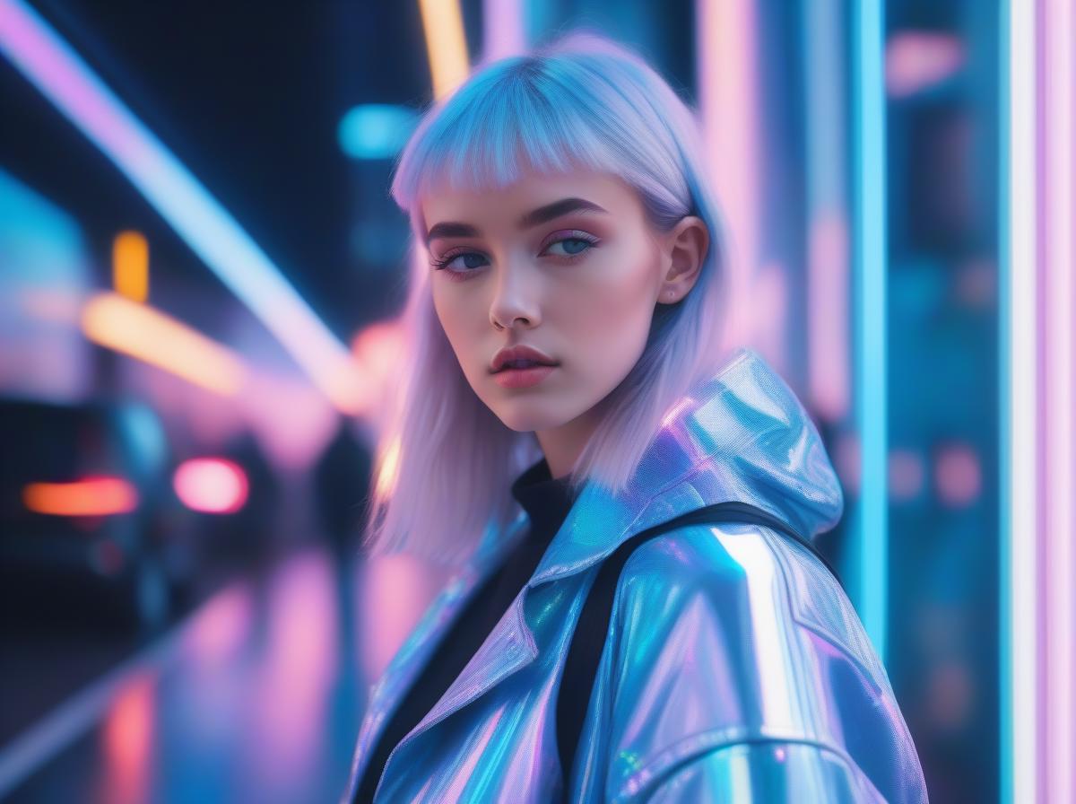 A woman with blonde hair and blue eyes standing in a neon lit street ...