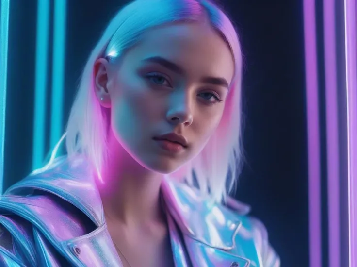 a girl with iridescent light pattern, in the style of holographic y2k aesthetic, pastel punk, uhd image, light blue and white, dark white and light azure, best quality, masterpiece, highres, absurdres, incredibly absurdres, huge filesize, wallpaper, colorful,8K,RAW photo