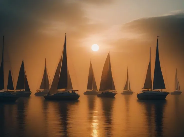 Sailboats, in the style of dark orange and light amber, experimental cinematography, dystopian realism, made of mist, expansive skies, transavanguardia, movie still, best quality, masterpiece, highres, absurdres, incredibly absurdres, huge filesize, wallpaper, colorful,8K,RAW photo