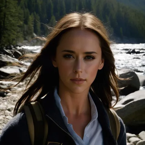 JenniferloveHewitt, <lora:JenniferLoveHewittXL:1>,portrait, close up, adult woman, masterpiece, best quality, ultra-detailed, solo, outdoors, (evening), mountains, nature, (summer, cloudy, windy), walking, backpack, sweater, hiking suit, forest, rocks, river, wood, smoke, shadows, contrast, clear sky, analog style (look at viewer), ((perfect eyes, detailed eyes,realistic eyes)), ((sharp face, detailed face, realistic face, naturtal skin, realistic skin, detailed skin, pores))