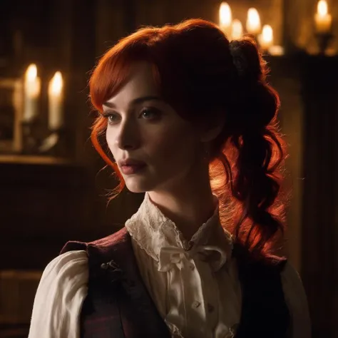 christina_hendricks,<lora:ChristinaHendricksXL:1.0>, A gothic woman living in a spooky house, tales of mystery and horror, pet raven, adventurous,a plaid skirt, white knee high socks, a red vest and a white shirt, black hair,
 pony tail, a red ribbon with a skull-shaped bead, dim light, macabre atmosphere, palette [voilet|red|black|grey|white], (masterpiece, best quality, ultra-detailed, best shadow), high contrast, (best illumination), ((cinematic light)), colorful, hyper detail, dramatic light, intricate details, (1 girl, solo) , ultra detailed artistic photography, dreamy, backlit, shadows, ultra high definition, 8k, ultra sharp focus, ultra high quality model, soft lighting, film photography, analogue photography, hyperrealism,