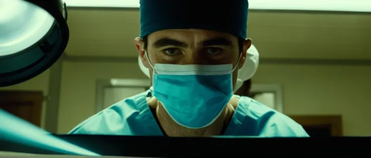 <lora:add-detail-xl:1.5> <lora:MovieStillXLV7:1> movie still of a surgeon during a surgery, from below, white room, facemask, close-up, dark vibes, horror theme, film grain, dramatic lighting,