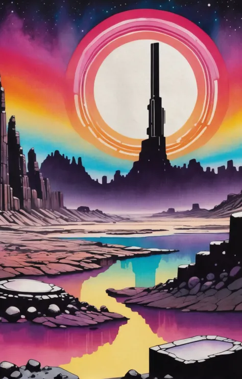 colorful abstract geometric gradients, landscape inkdrawing, Ringed alien landscape surrounded by a system of rings made up of dust, rocks, and ice particles, a stunning celestial spectacle, sunshine, at dawn, (with an abandoned mining rig in the background:1.2), <lora:SDXL_Inkdrawing_v1:1>