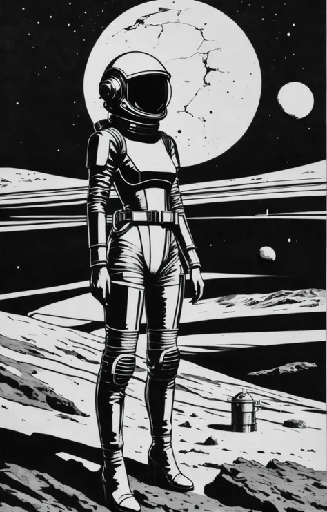 abstract geometric gradients, landscape inkdrawing, a sexy and (curvy:1.5) and (busty:2) (Macanese 20 yo woman:1.2) retro-futuristic cosmonaut with a smug smile wearing a glass dome helmet and spacesuit with harness (with futuristic power plant:1.2) on alien landscape surface mostly made up of bright water ice with reddish-brown cracks slicing the surface, crisscrossed by long, linear fractures, cracks, ridges, and bands, new Moon, at sunrise, <lora:SDXL_Inkdrawing_v1:1>, black on white