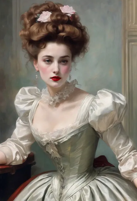full height portrait of a tall and haughty modern Gibson Girl looking down her nose and curling her lip at the viewer, her elegant fitted scarlet leather evening gown is high necked and very tightly corseted with large puff sleeves and a tightly fitted sheath skirt. red lips, small breasts, (long and wavy and elaborately styled hair:1.6), high cheekbones, perfect proportions, warm skin tones, (in a palatial ballroom:1.6), colour photograph, ultra-realistic