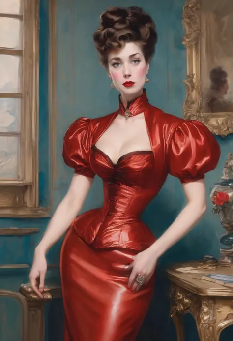 full height portrait of a tall and haughty modern Gibson Girl looking down her nose and curling her lip at the viewer, her elegant fitted scarlet leather evening gown is high necked and very tightly corseted with large puff sleeves and a tightly fitted sheath skirt. red lips, small breasts, (long and wavy and elaborately styled hair:1.6), high cheekbones, perfect proportions, warm skin tones, (in a palatial ballroom:1.6), colour photograph, ultra-realistic