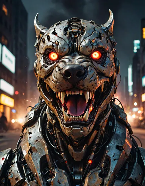 angry pitbull ((robot)), flaming teeth, night, neon lights, battle damaged, scratches and dents, battle worn, machine,futuristic ,robot eyes,distorted pupils,distorted eyes, Unnatural anatomy, strange anatomy,things on face, BREAK downtown street, buildings on fire, rubble explosions smoke in the background,