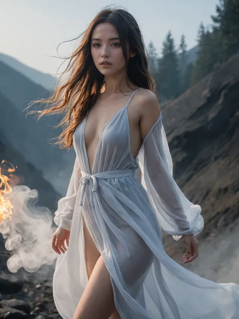 wabstyle, glowing, robe, (fog,:1.2) (mist:1.2), smoke, girl composed of white light, girl composed of black smoke, fire, sun, 1girl, small breasts, long hair, solo, (photorealistic:1.4), cowboy shot, cinematic angle, fisheye, motion blur, nude,sexly, shoujo kitou-chuu,blue fire, frie rain, Long hair fluttering in the wind, loong,wave,