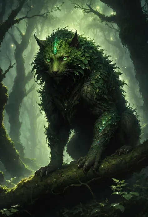 masterpiece best quality, high quality, masterpiece, high details, detailed, entirely made of rock, vines, leaves, tree animal, solo, overgrown, mossy, vines, full body, (bark skin:1.3), tree bark, moss-covered, (fantasy creature:1.3), (abstract:1.2), living tree, humongous, peaking over forest canopy, dust particles, tusks, (glowing emerald green eyes:1.4), guardian of the forest, dynamic pose, detailed eyes, , night time, backlighted, fireflies, in deep fantasy forest