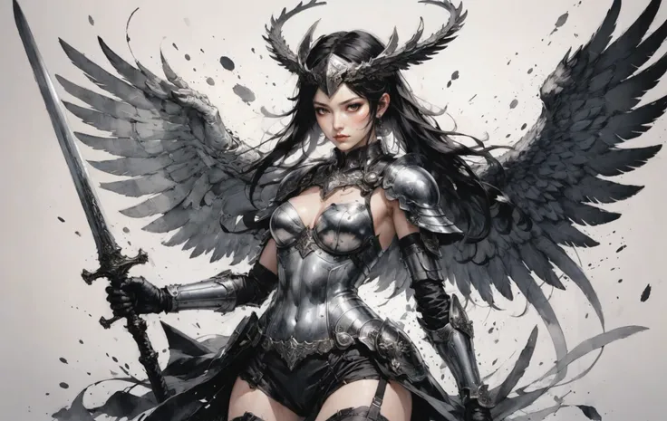 a winged Valkyrie wielding a weapon, splatter fashion, in the style of light and shadow, ink illustrations, by Yoji Shinkawa <lora:aesthetic_anime_v1s:1>