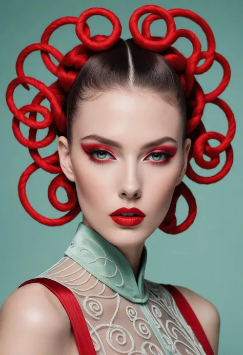 An highly detailed image of an Italian top model with an avant-garde hairstyle featuring large, sculptural loops and spirals. The hair has bright red highlights which create a dramatic and voluminous effect that tops her head. She stands against a solid, muted mint background, focus on a neutral expression with striking eye makeup, specifically including red eyeshadow, and subtle, natural lips. The hairstyle is symmetrical and balanced, with intricate swirls cascading elegantly over the forehead, creating a modern high-fashion look. The woman wears a futuristic avant-garde blouse in a sheer fabric with some red threads as a highlight. The overall aesthetic is sleek, polished, and reminiscent of editorial beauty or fashion magazin photography with bold colors, contrasting shadows,natural lighting and very detailed, <lora:add-detail-xl:2>
