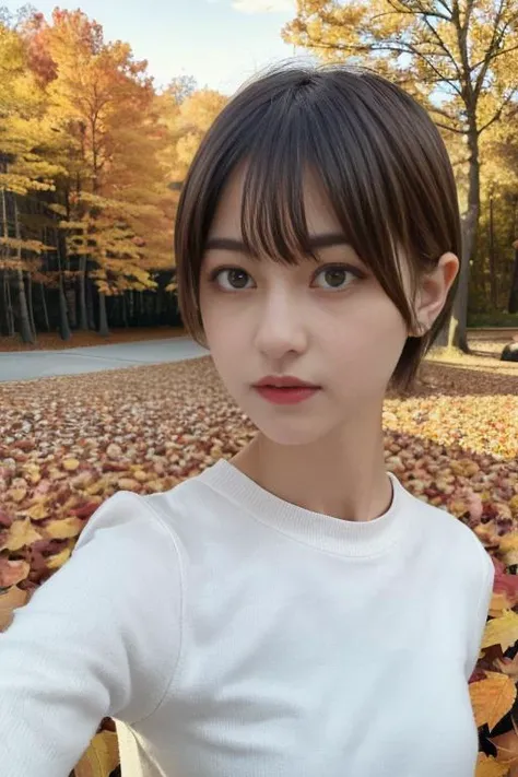 1girl,(wearing an autumn outfit:1.2),(RAW photo, best quality), (realistic, photo-realistic:1.4), masterpiece, an extremely delicate and beautiful, extremely detailed, 2k wallpaper, Amazing, finely detail, extremely detailed CG unity 8k wallpaper, ultra-detailed, highres, soft light, beautiful detailed girl, extremely detailed eyes and face, beautiful detailed nose, beautiful detailed eyes,cinematic lighting,(autumn scenery:1.3),(morning light),perfect anatomy, <lora:kidosakura_lora:0.8>