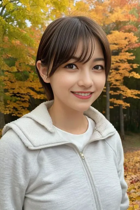 1girl,(wearing an autumn outfit:1.2),(RAW photo, best quality), (realistic, photo-realistic:1.4), masterpiece, an extremely delicate and beautiful, extremely detailed, 2k wallpaper, Amazing, finely detail, extremely detailed CG unity 8k wallpaper, ultra-detailed, highres, soft light, beautiful detailed girl, extremely detailed eyes and face, beautiful detailed nose, beautiful detailed eyes,cinematic lighting,(autumn scenery:1.3),(morning light),perfect anatomy,smiling, <lora:suzukinana_lora:0.8>