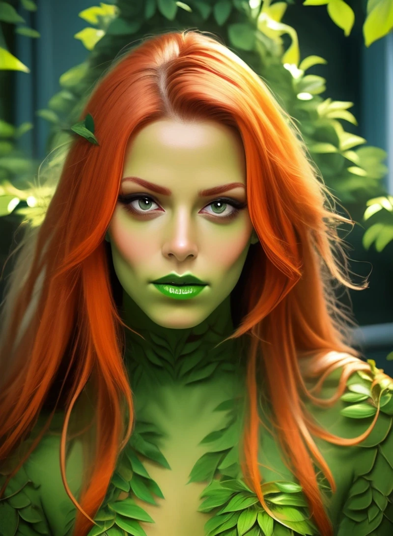 score_9, solo, rating_safe, Poison Ivy, (long orange hair:1.1), green lips, (green eyes:0.6), looking at viewer, realistic, dc comics,