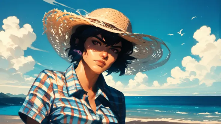 score_9, score_8_up, score_7_up,score_6_up, rule of thirds, midshot, flat lineart, Motoko Kusanagi on beach, aloha shirt, denim shorts, straw hat, detailed face, detailed body