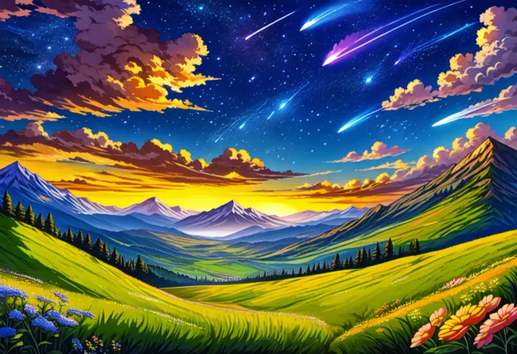 score_9, source_anime, rating_safe, 2d, scenery, outdoors, sky, cloud, (no humans), star \(sky\), mountain, mountainous horizon, flower, starry sky, grass, landscape, shooting star, nature, tree, blue sky, sunset, cloudy sky, field, night, night sky, plant, hill, evening, cumulonimbus cloud, very aesthetic, absurdres, detailed background