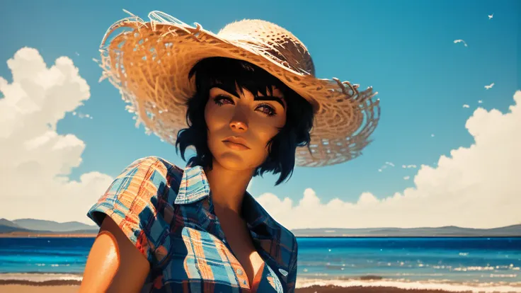 score_9, score_8_up, score_7_up,score_6_up, rule of thirds, midshot, flat lineart, Motoko Kusanagi on beach, aloha shirt, denim shorts, straw hat, detailed face, detailed body