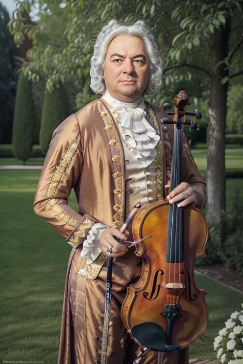 <lora:j07ansb1c4_v1.0:0.8>, a full body portrait of Bach man as a violin player in a palace garden, Detailed face, (perfect eyes), (highly detailed skin:1.1), (Perfect hands and fingers), Professional Photography, Dramatic lighting, PHOTOREALISTIC, Realistic, blurred background, RAW, analog, sharp focus, 8k, high resolution, DSLR, high quality, Fujifilm XT3, film grain, award winning