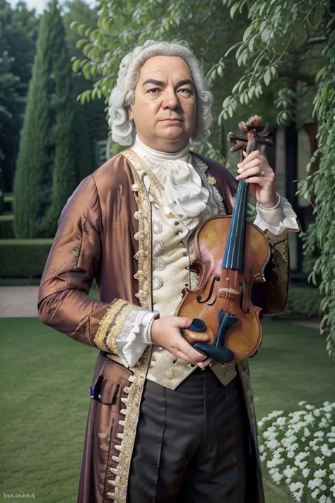 <lora:j07ansb1c4_v1.0:0.8>, a full body portrait of Bach man as a violin player in a palace garden, Detailed face, (perfect eyes), (highly detailed skin:1.1), (Perfect hands and fingers), Professional Photography, Dramatic lighting, PHOTOREALISTIC, Realistic, blurred background, RAW, analog, sharp focus, 8k, high resolution, DSLR, high quality, Fujifilm XT3, film grain, award winning