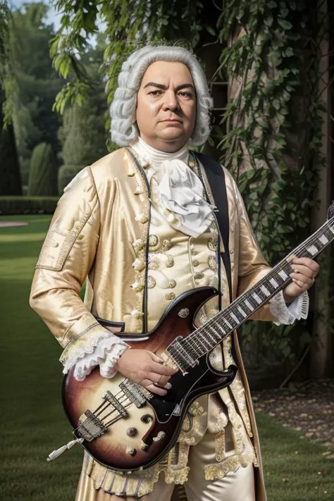 <lora:j07ansb1c4_v1.0:0.8>, a full body portrait of Bach man as a electric guitar player in a palace garden, Detailed face, (perfect eyes), (highly detailed skin:1.1), (Perfect hands and fingers), Professional Photography, Dramatic lighting, PHOTOREALISTIC, Realistic, blurred background, RAW, analog, sharp focus, 8k, high resolution, DSLR, high quality, Fujifilm XT3, film grain, award winning