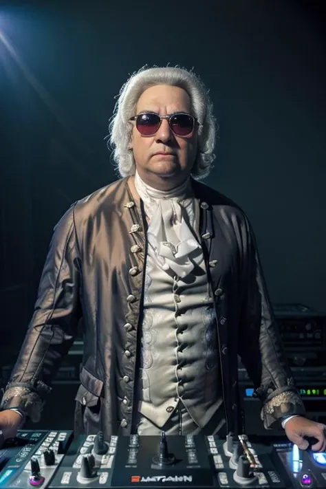 <lora:j07ansb1c4_v1.0:0.8>, a full body portrait of Bach man as a DJ in a foggy nightclub, with sunglasses, Detailed face, (perfect eyes), (highly detailed skin:1.1), ((Perfect hands and fingers)), Professional Photography, Dramatic lighting, PHOTOREALISTIC, Realistic, blurred background, RAW, analog, sharp focus, 8k, high resolution, DSLR, high quality, Fujifilm XT3, film grain, award winning