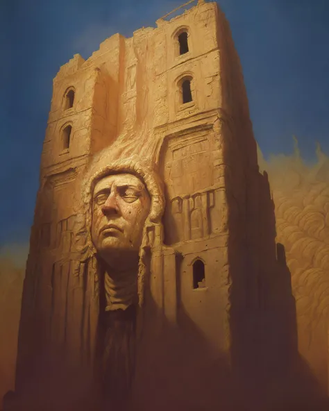 A masterpiece painting of a decrepit cathedral engulfed by mist with the face of a single man with a 1750 hair (carved inside), carved stone, sculpture, thick fog, looking toward infinity, Grim, Hopelessness,Despair,Loss, Weeping statues, Impasto, Golden ratio, Triadic, in the style of (Beksinski:1.3) and Flix Vallotton,  Gold, ultra detailed, intricate, surrealism, oil on canvas, dry brush, <lora:j07ansb1c4_v1.0:0.77>