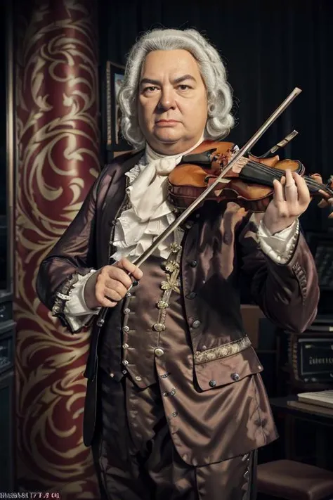 <lora:j07ansb1c4_v1.0:0.8>, a full body portrait of Bach man as a violin player, Detailed face, (perfect eyes), (highly detailed skin:1.1), (Perfect hands and fingers), Professional Photography, Dramatic lighting, PHOTOREALISTIC, Realistic, blurred background, RAW, analog, sharp focus, 8k, high resolution, DSLR, high quality, Fujifilm XT3, film grain, award winning
