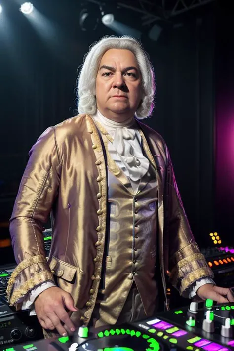 <lora:j07ansb1c4_v1.0:0.8>, a full body portrait of Bach man as a DJ in a nightclub, Detailed face, (perfect eyes), (highly detailed skin:1.1), (Perfect hands and fingers:1.4), Professional Photography, Dramatic lighting, PHOTOREALISTIC, Realistic, blurred background, RAW, analog, sharp focus, 8k, high resolution, DSLR, high quality, Fujifilm XT3, film grain, award winning