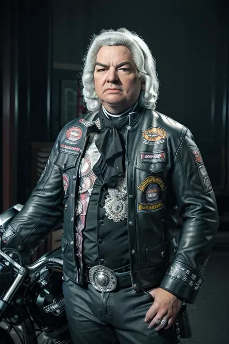 <lora:j07ansb1c4_v1.0:0.8>, a full body portrait of Bach man as motorcycle gang member, Detailed face, (perfect eyes), (highly detailed skin:1.1), ((Perfect hands and fingers)), Professional Photography, Dramatic lighting, PHOTOREALISTIC, Realistic, blurred background, RAW, analog, sharp focus, 8k, high resolution, DSLR, high quality, Fujifilm XT3, film grain, award winning