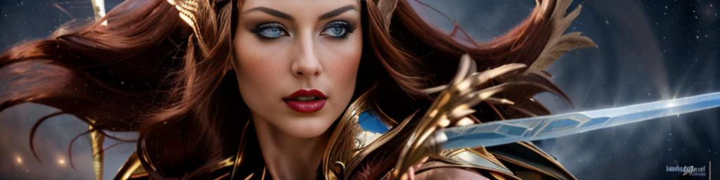 fantasy character, fantasy art, masterpiece, legendary, a realistic digital painting of a lone beautiful swordswoman holding her (blue magical sword:1) blade close to her face after striking, (extreme face close up:1.1), (action pose:1.1), best quality, glossy reflective blue eyes, eyeshadow, furrowed brow, dark red flowing hair, loose hairstyle, best quality, vibrant blue colors, (gold winged valkyrie helmet:1.1), gold winged shoulder armor, (blue flames on sword edge:1), dark blue flowing cape, defensive, cautious, artistic use of monochromatic solar eclipse background, deity, goddess, intensity, integrity, intelligence, vengeance, justice, anger, fighting posture, 35mm, hard focus lens, depth of field, [How to draw comics the Marvel way], 8k, designed by Dieter Rams, banner-style picture cropping, lens flare, fractal lighting  <lora:Raid_Arbiter:1> <lora:Dieter-Rams_SD1.5_v1:1>