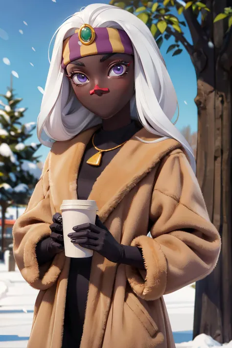 queentyr, black skin, colored skin, no mouth, facial mark,white hair,purple eyes, circlet,neck ring, wearing m1nkc0at, brown coat, fur coat, mink coat,looking at viewer, happy, standing, medium shot, holding coffee cup, outside, park, snow, trees, winter, blue sky, high quality, masterpiece, <lora:queentyranime:1>,<lora:m1nkc0at:.7>