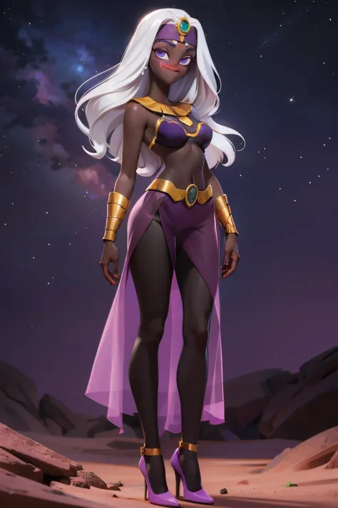 Princess allura, blue eyes, white hair, pointed ears, dark skin, dark-skinned woman, mark on the face, elf, dark elf, jewelry, earrings, loose hair, space, starry sky, galaxies, looks at the viewer, cowboy shot, solo, Dutch angle, hd