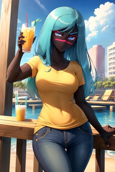 angry, looking at object, bar, 1girl, colored skin, black skin, facial mark, green hair, very long hair, medium breasts, blue eyes, no mouth, <lora:queentyranime-40:1>, queentyr, facing viewer, outdoors, covering crotch, yellow shirt, jeans, drinking glass, drinking straw,, Masterpiece, best quality, Masterpiece, best quality, Masterpiece, best quality, Masterpiece, best quality, Masterpiece, best quality, Masterpiece, best quality