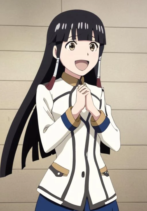 <lora:Claire:0.8>, Claire, 1girl, solo, smile, open mouth, :d, uniform, hair tubes, own hands together, own hands clasped, anime coloring